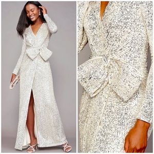 Eliza J Sequin Long Sleeve Surplice V-Neck Front Slit Mesh Bow Waist Gown SZ 2